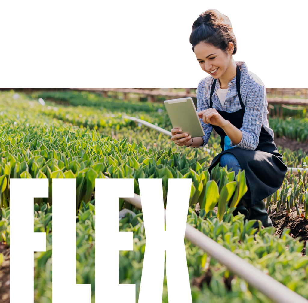 woman gardening with the word FLEX overlaid
